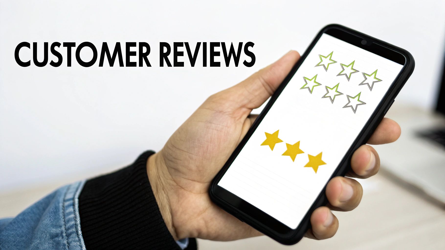 A five-star review being left on a smartphone, showing customer satisfaction.