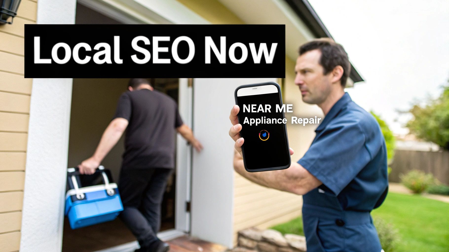A person typing on a laptop with a magnifying glass icon and keywords floating around, representing keyword research for appliance repair SEO.