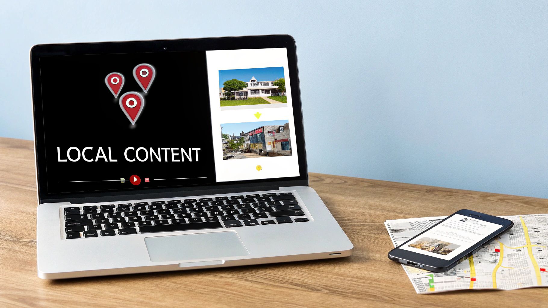 A laptop displaying local content with map pins and building photos, alongside a smartphone on a paper map.