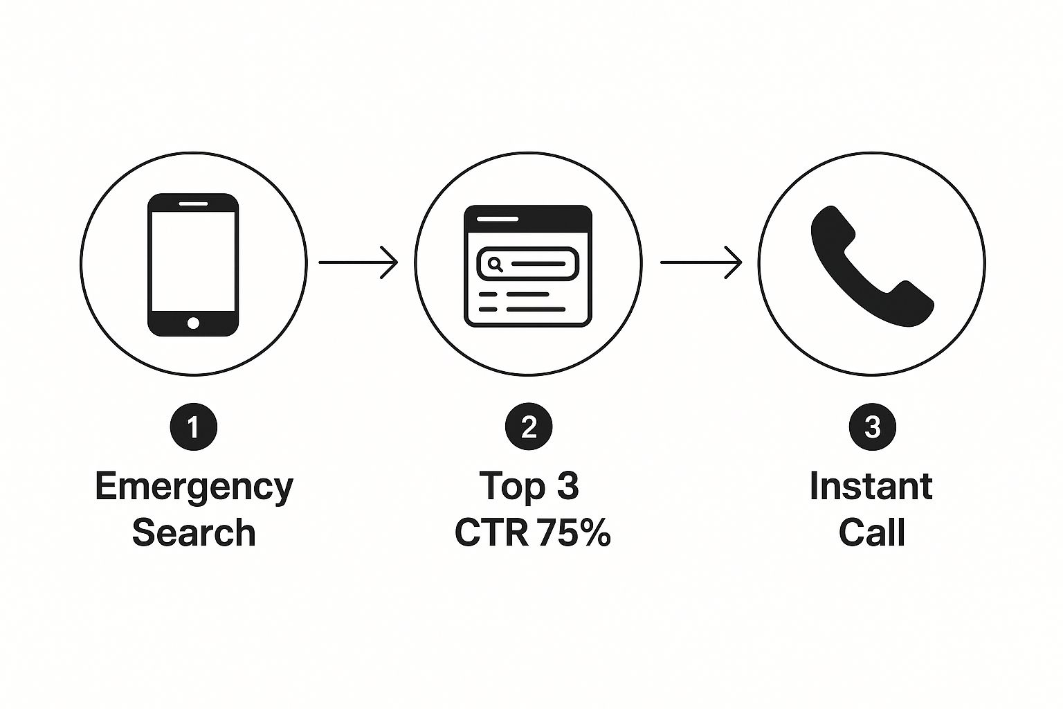 Infographic showing the process from an emergency search on a smartphone to a top search result to an instant phone call.