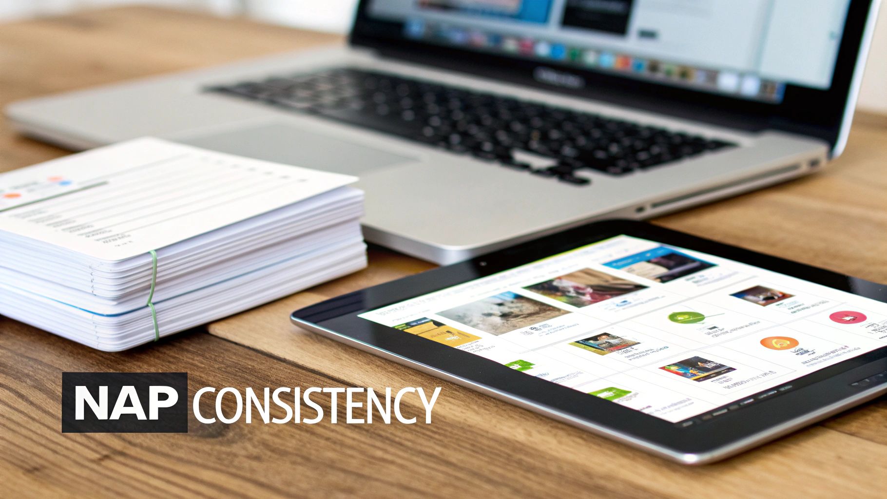 A modern workspace with a laptop, tablet displaying digital content, and documents on a wooden desk, emphasizing 'NAP Consistency'.