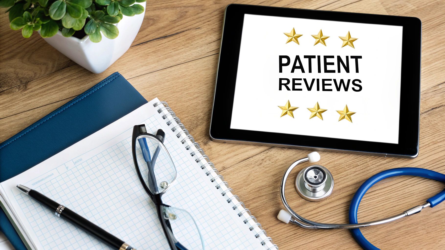 A doctor reviewing a patient's chart on a tablet, with a website and map icon in the background, symbolizing on-page local SEO.