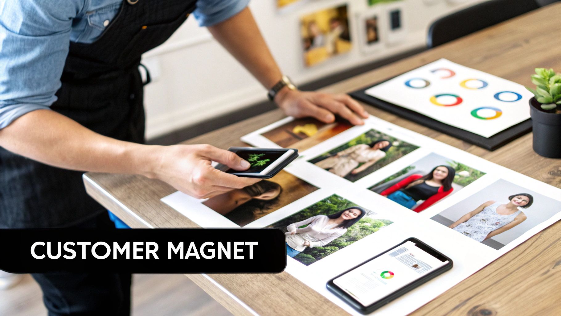 A person reviews printed photos of women and digital images on smartphones at a wooden desk.
