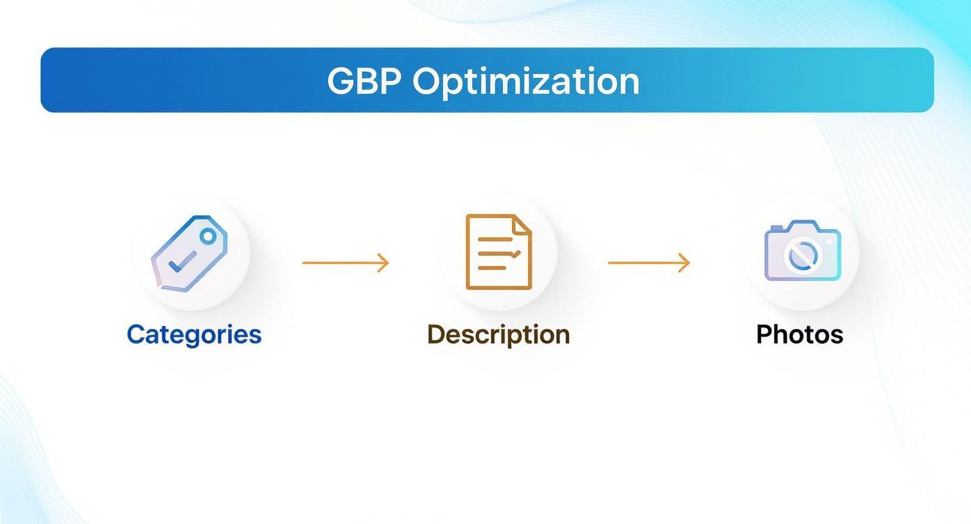 A diagram illustrating the GBP optimization process with steps: Categories, Description, and Photos.