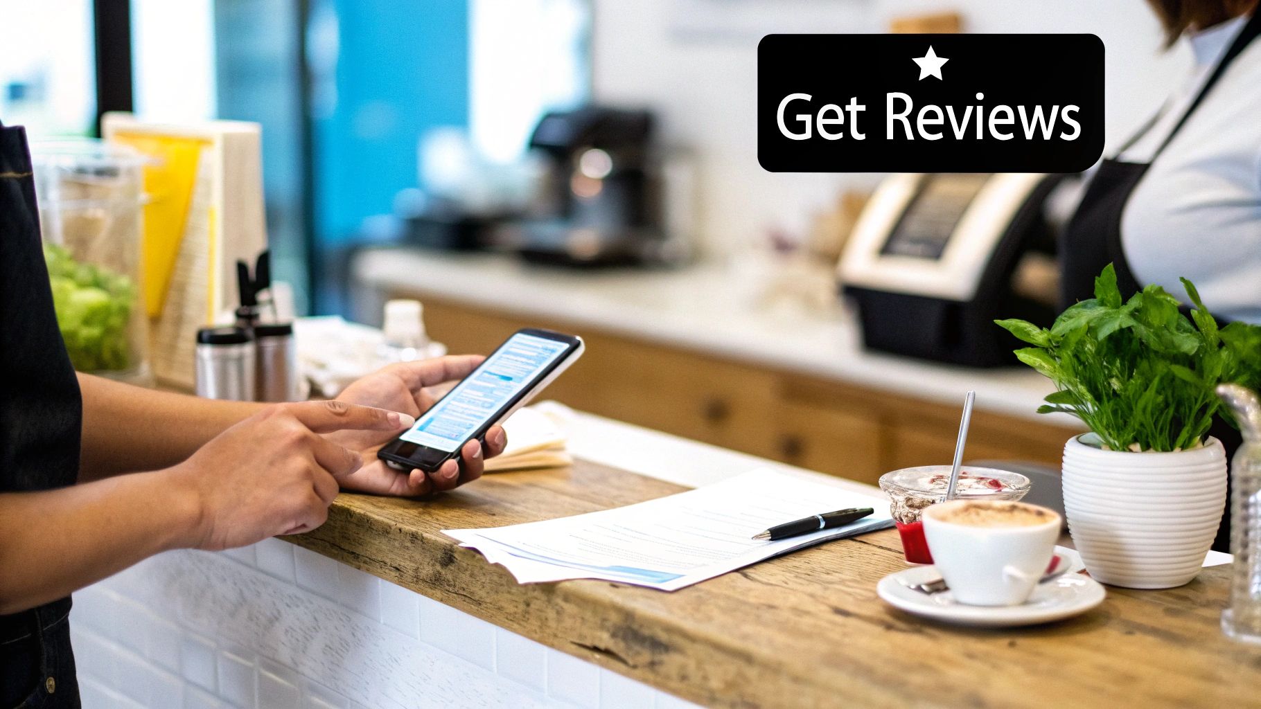 A five-star review being left on a smartphone, showing the importance of customer feedback for Google Maps rankings.