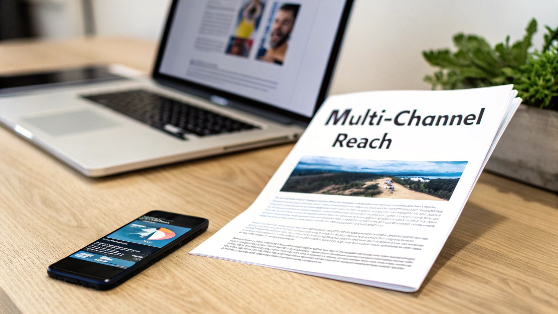 A desk with a laptop, smartphone, and a document titled "Multi-Channel Reach" displaying marketing content.
