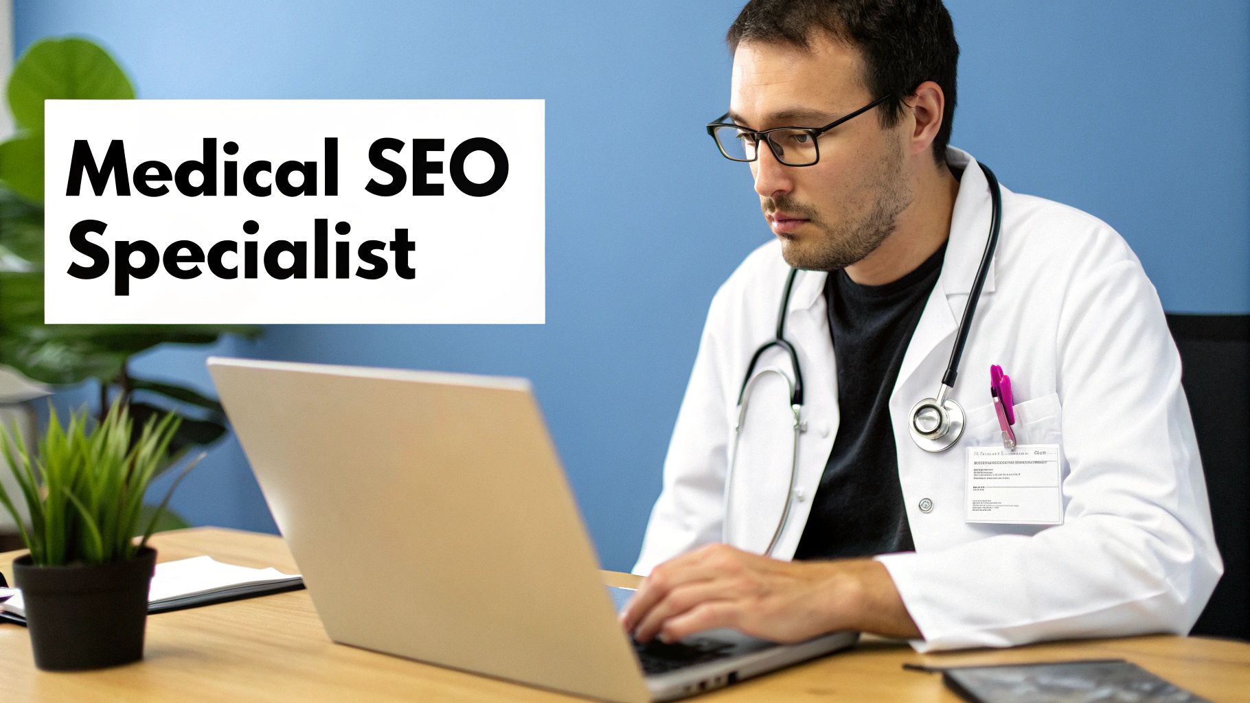 A doctor reviewing a patient's chart on a tablet, symbolizing the blend of medicine and digital marketing.