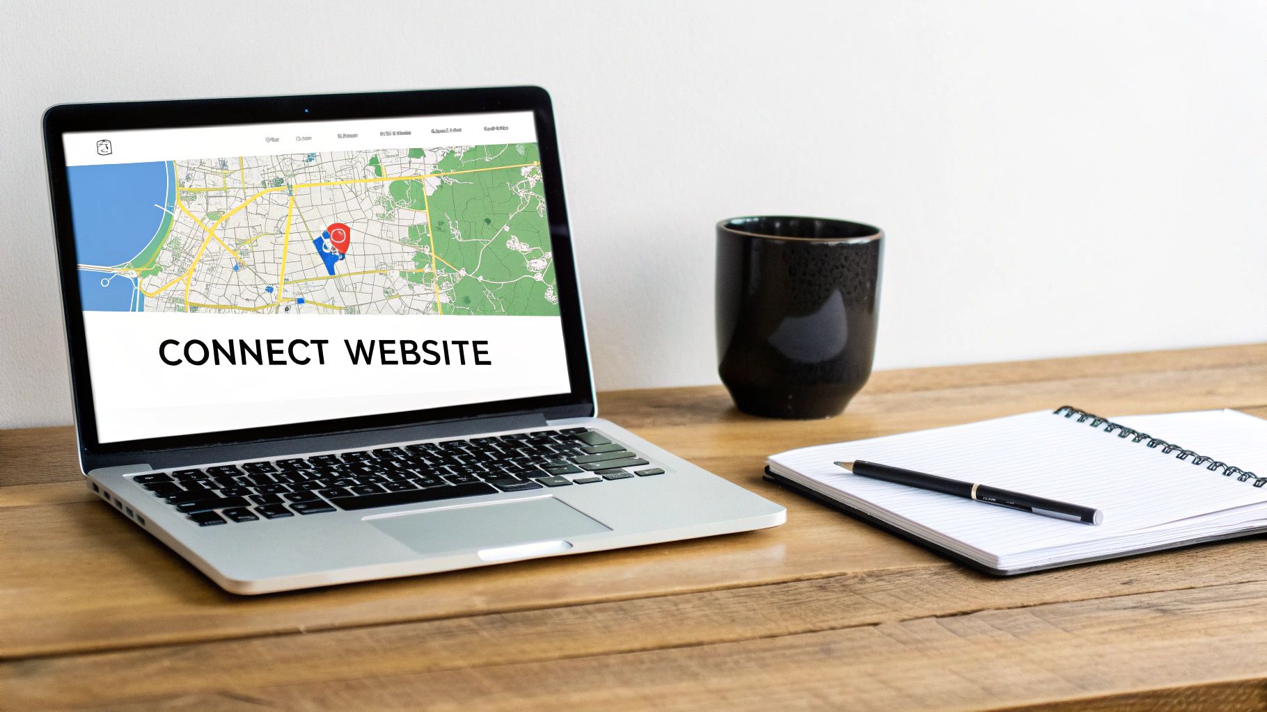 A split image showing a website on one side and a Google Maps listing on the other, with arrows indicating they are connected and synced.