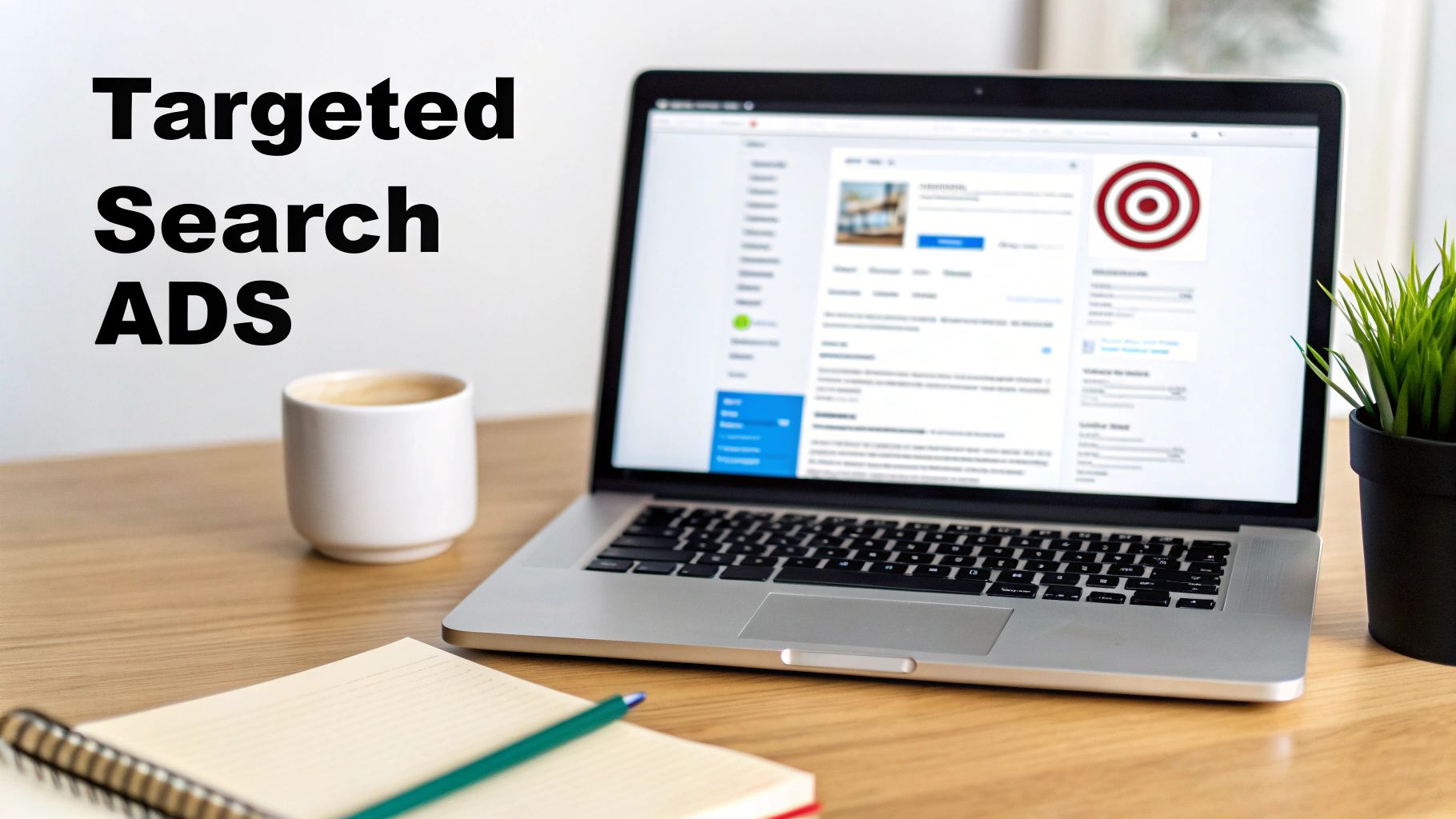 A laptop displaying a target icon, a coffee cup, and a notebook on a desk with 'Targeted Search ADS' text.