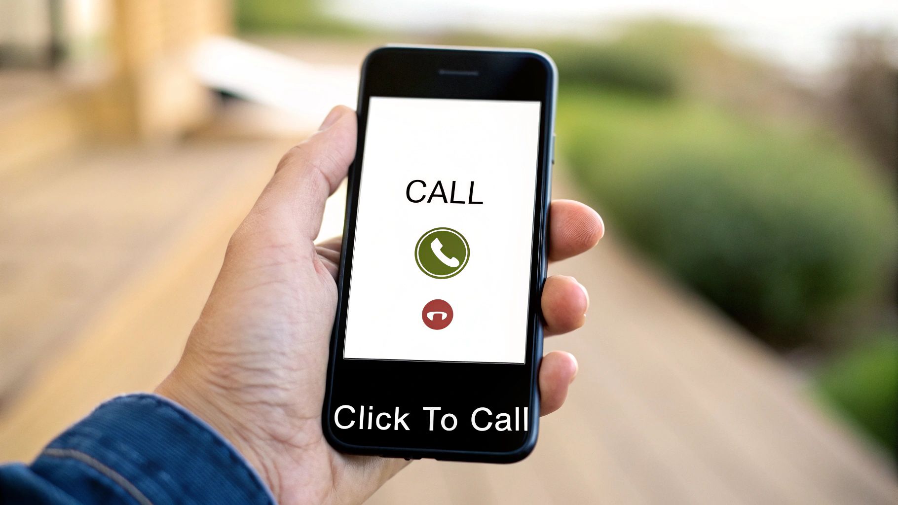 A hand holds a smartphone displaying a 'CALL' screen with 'Click To Call' text.