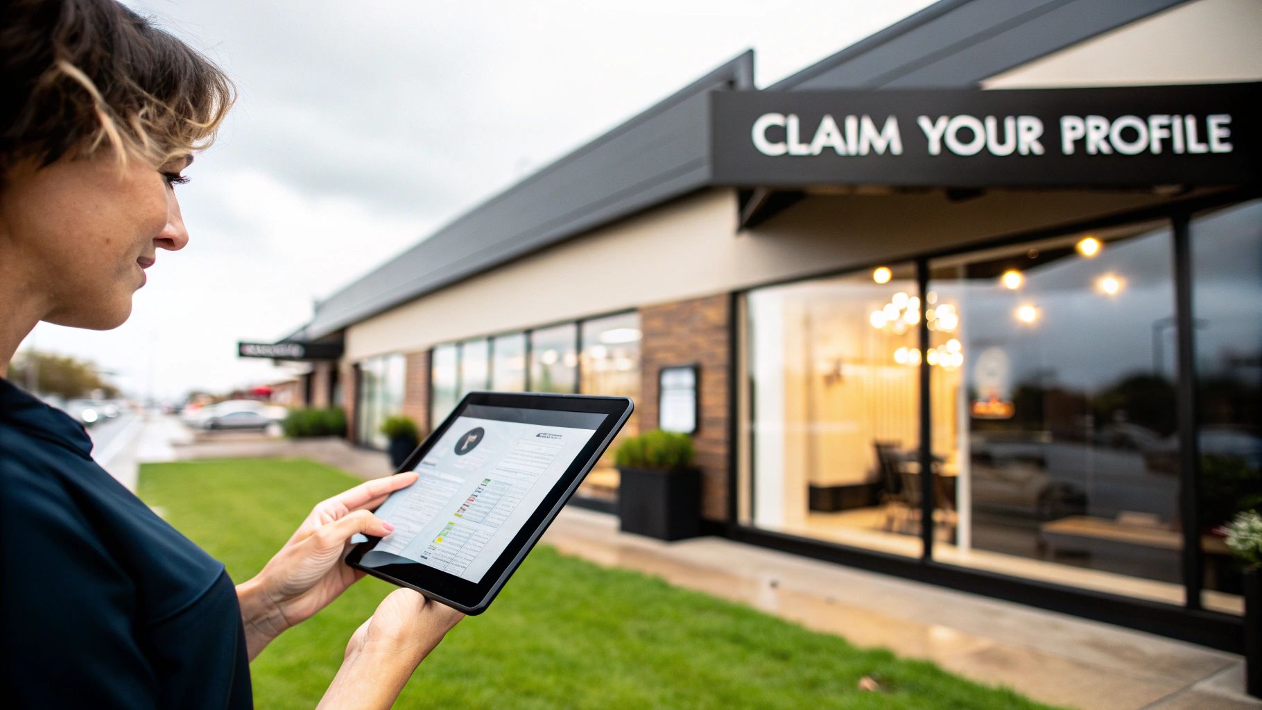 A woman uses a tablet in front of a building with a 'CLAIM YOUR PROFILE' sign.