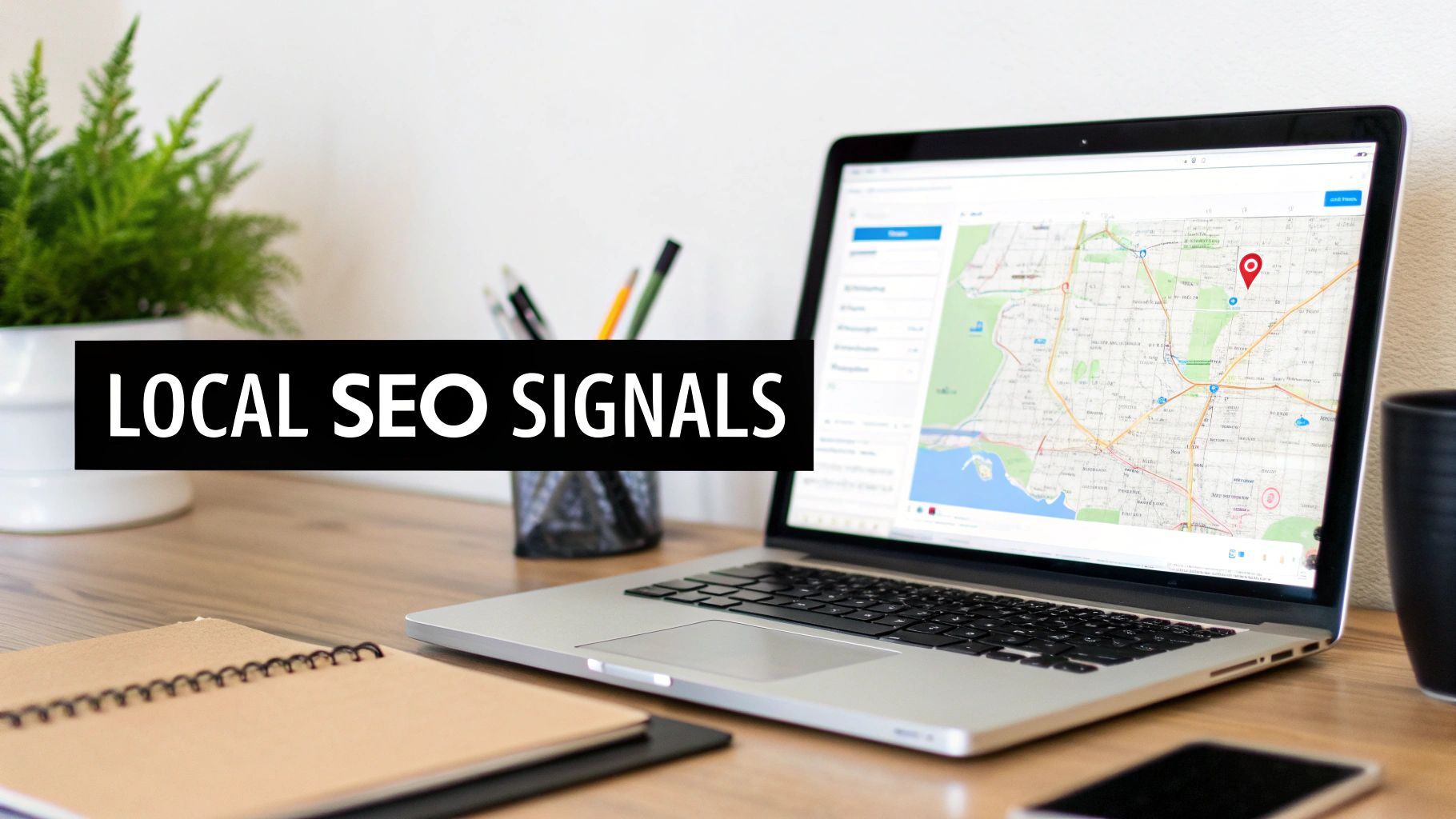 Desk with a laptop displaying a map and 'LOCAL SEO SIGNALS' text for improved local search.