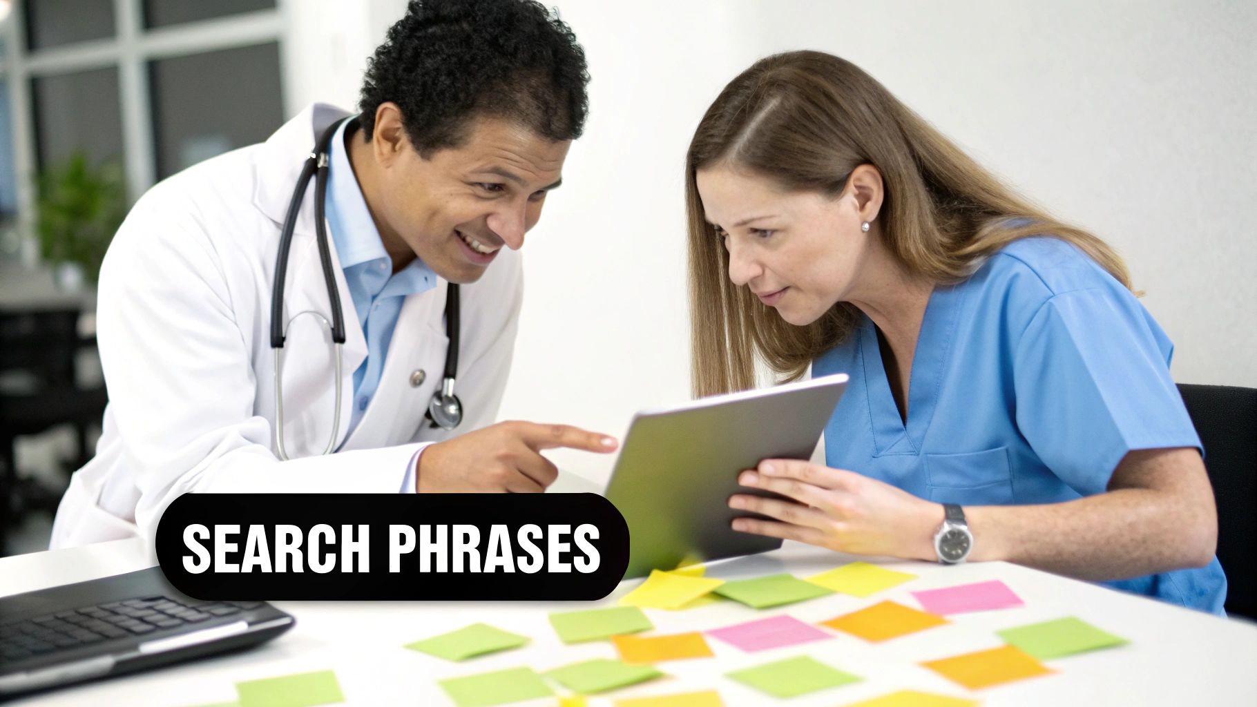 A magnifying glass hovering over a computer screen, symbolizing the process of keyword research for patient queries.