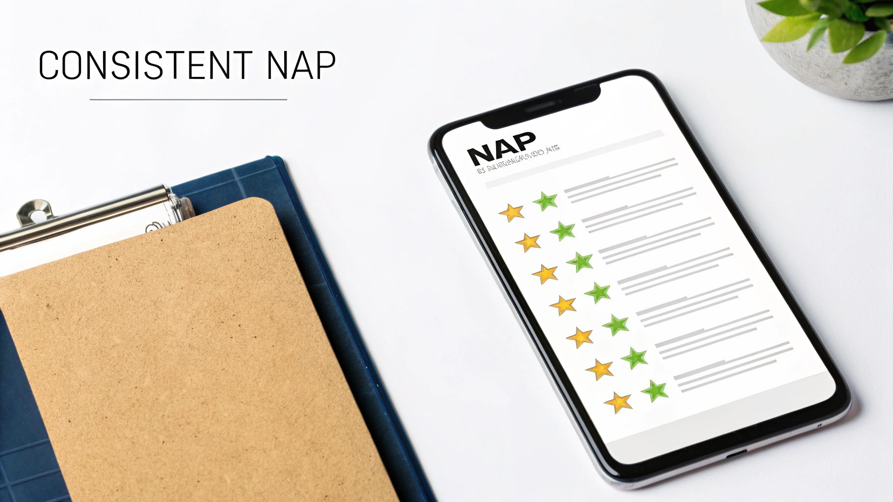 A smartphone displaying a 'NAP' consistency tracking app with stars, next to a clipboard on a white desk.