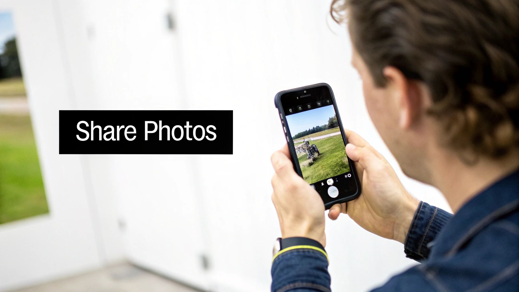 A person holds a smartphone to capture a photo of an outdoor scene, with a black banner saying 'Share Photos'.