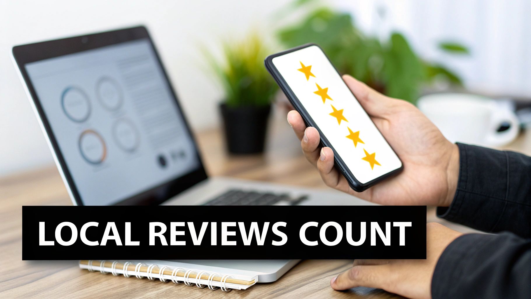 A hand holding a smartphone showing five gold stars, with a laptop and the text 'LOCAL REVIEWS COUNT'.