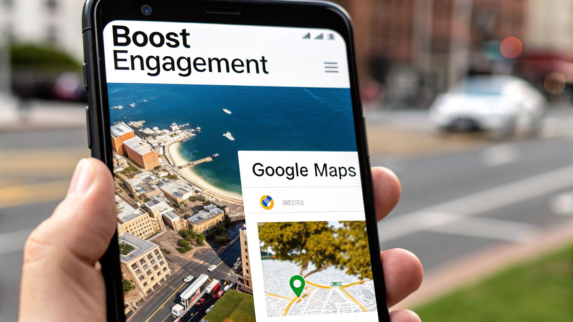 A hand holds a smartphone displaying a webpage about boosting engagement and a Google Maps result.
