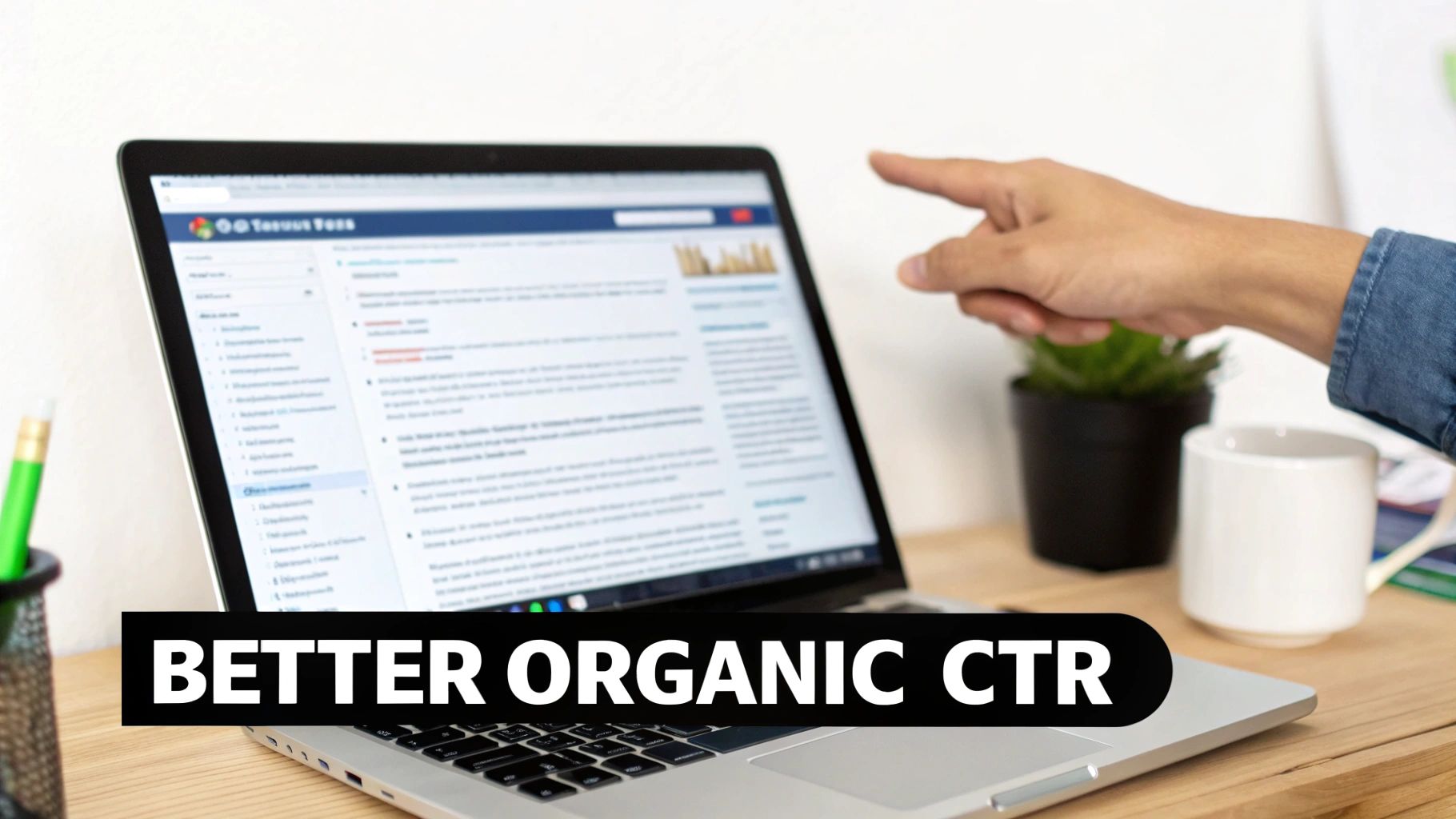 A person's hand points to a laptop screen displaying web content, with a text overlay 'BETTER ORGANIC CTR'.