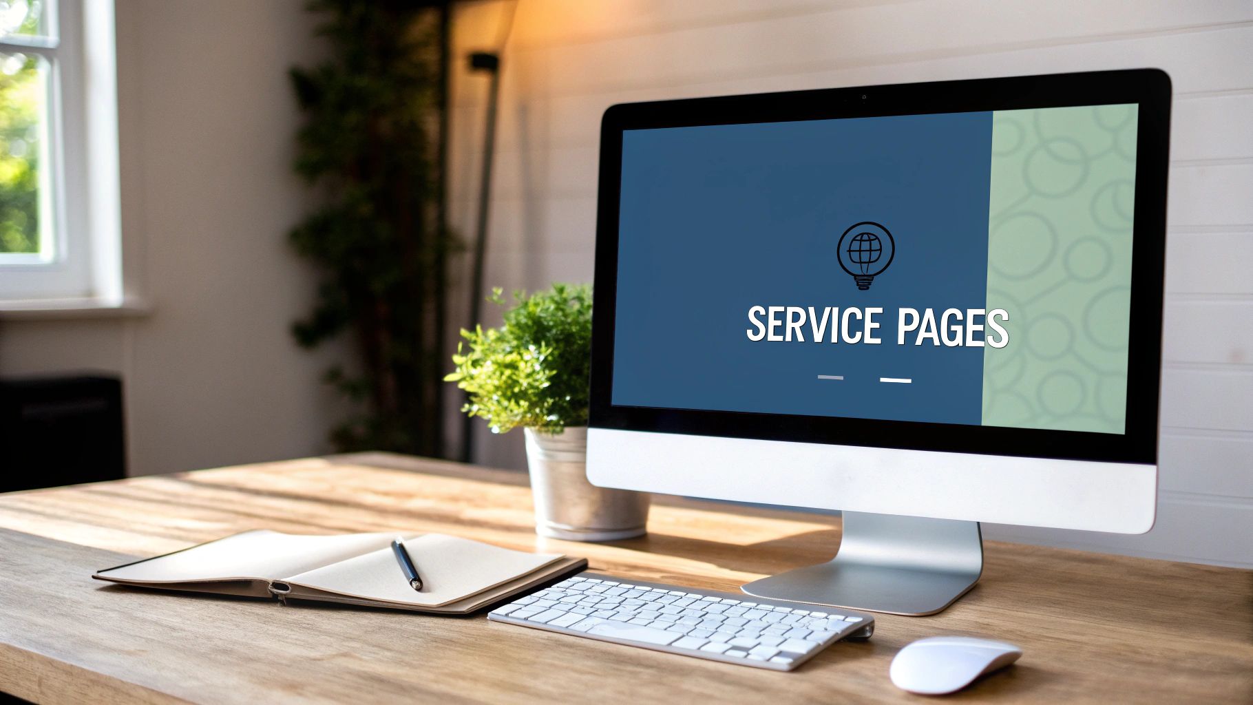 A diagram showing a central homepage for a cleaning business, with dedicated landing pages branching off for specific services like residential cleaning, deep cleaning, and move-out cleaning, each targeting unique keywords.