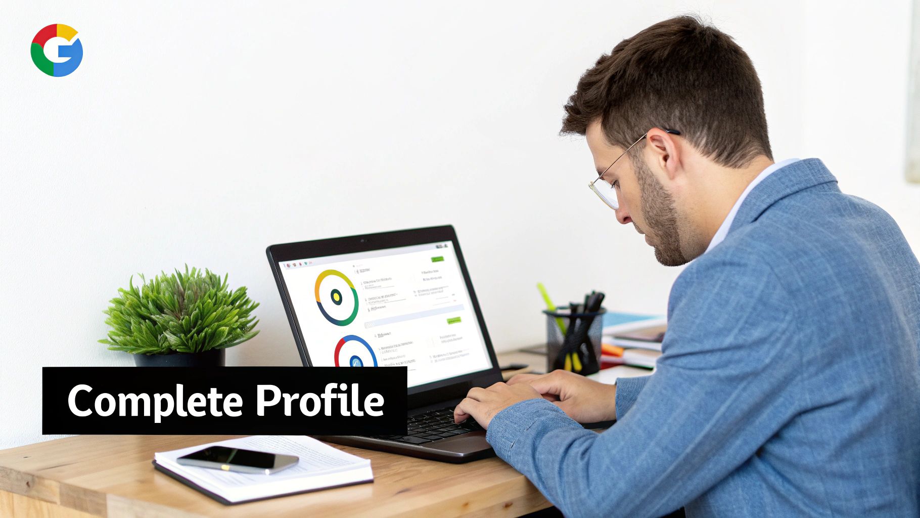 Young man in glasses uses a laptop to complete a profile at a clean white desk.