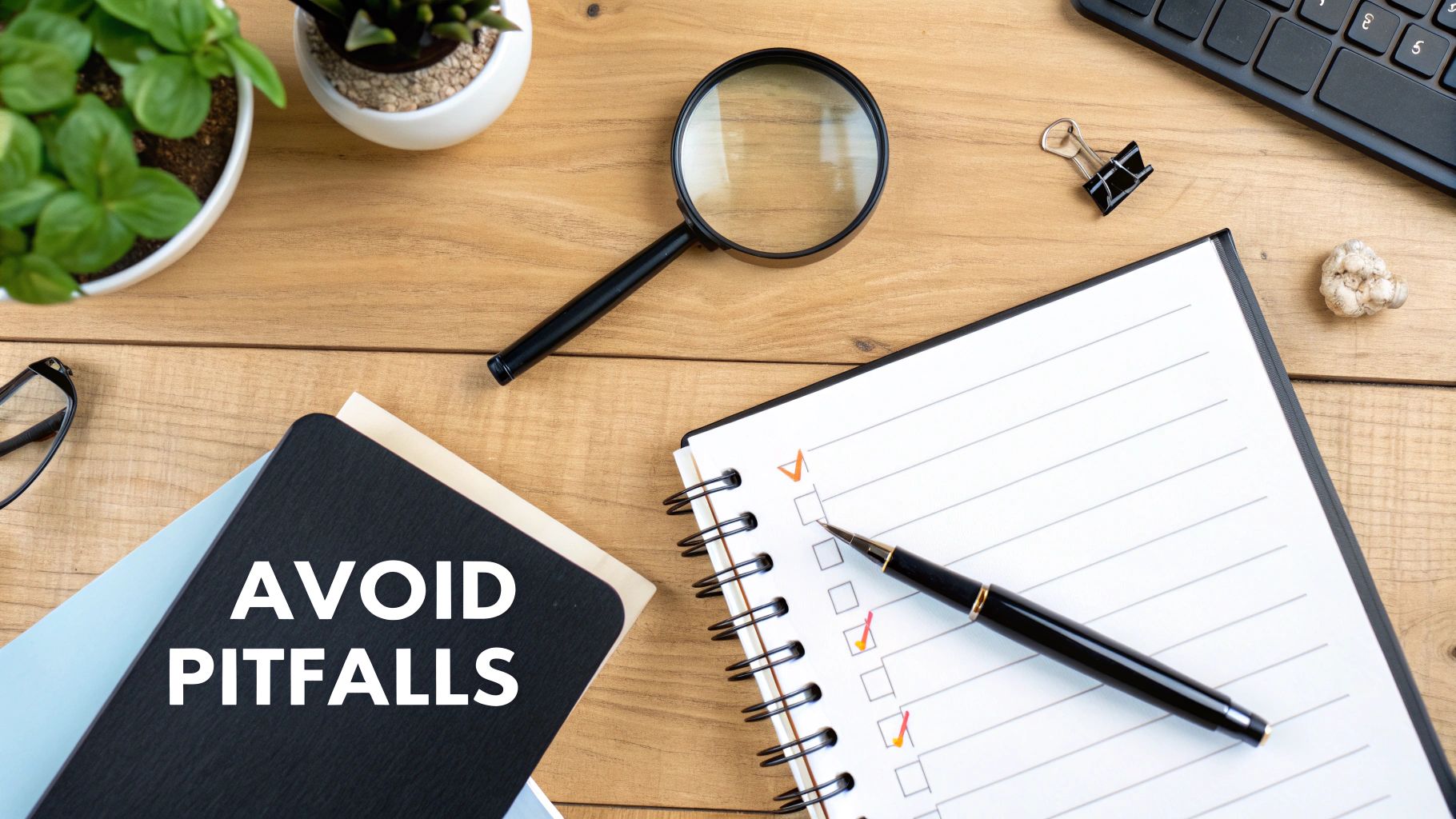 A flat lay of a wooden desk with a notebook labeled 'AVOID PITFALLS', a checklist, and office supplies.