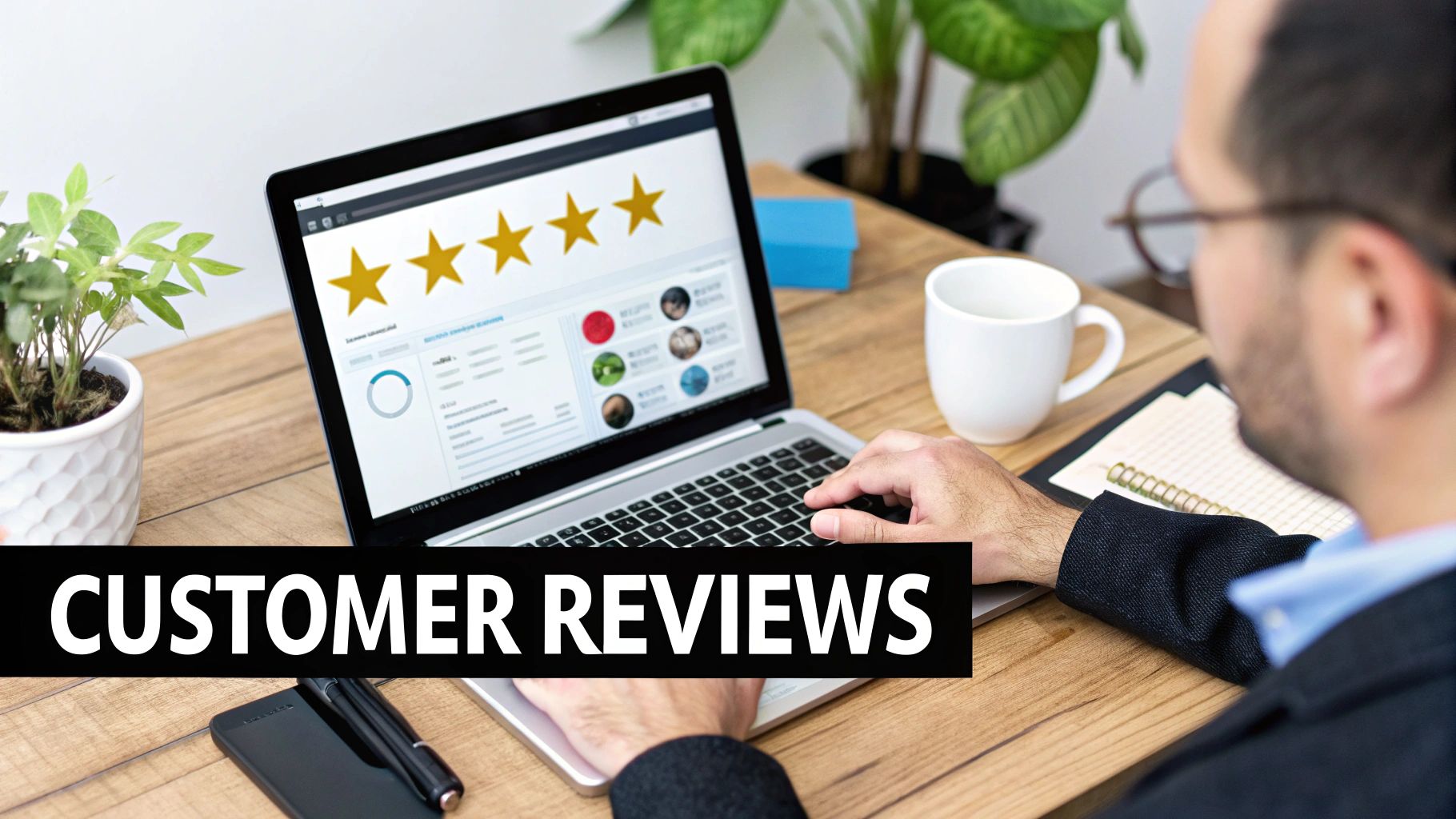 A person reviews online customer feedback with five-star ratings displayed on a laptop screen.