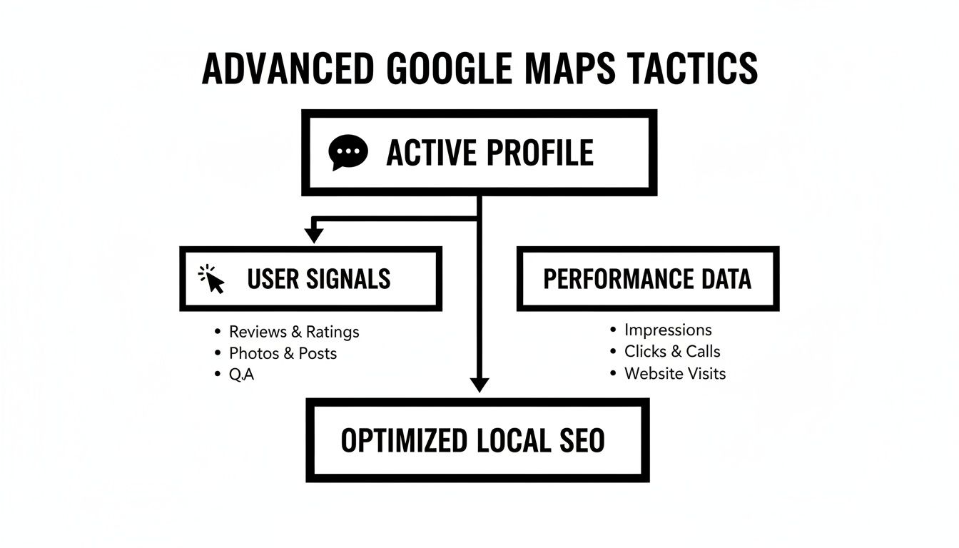 Flowchart detailing advanced Google Maps tactics: active profile, user signals, performance data for local SEO.