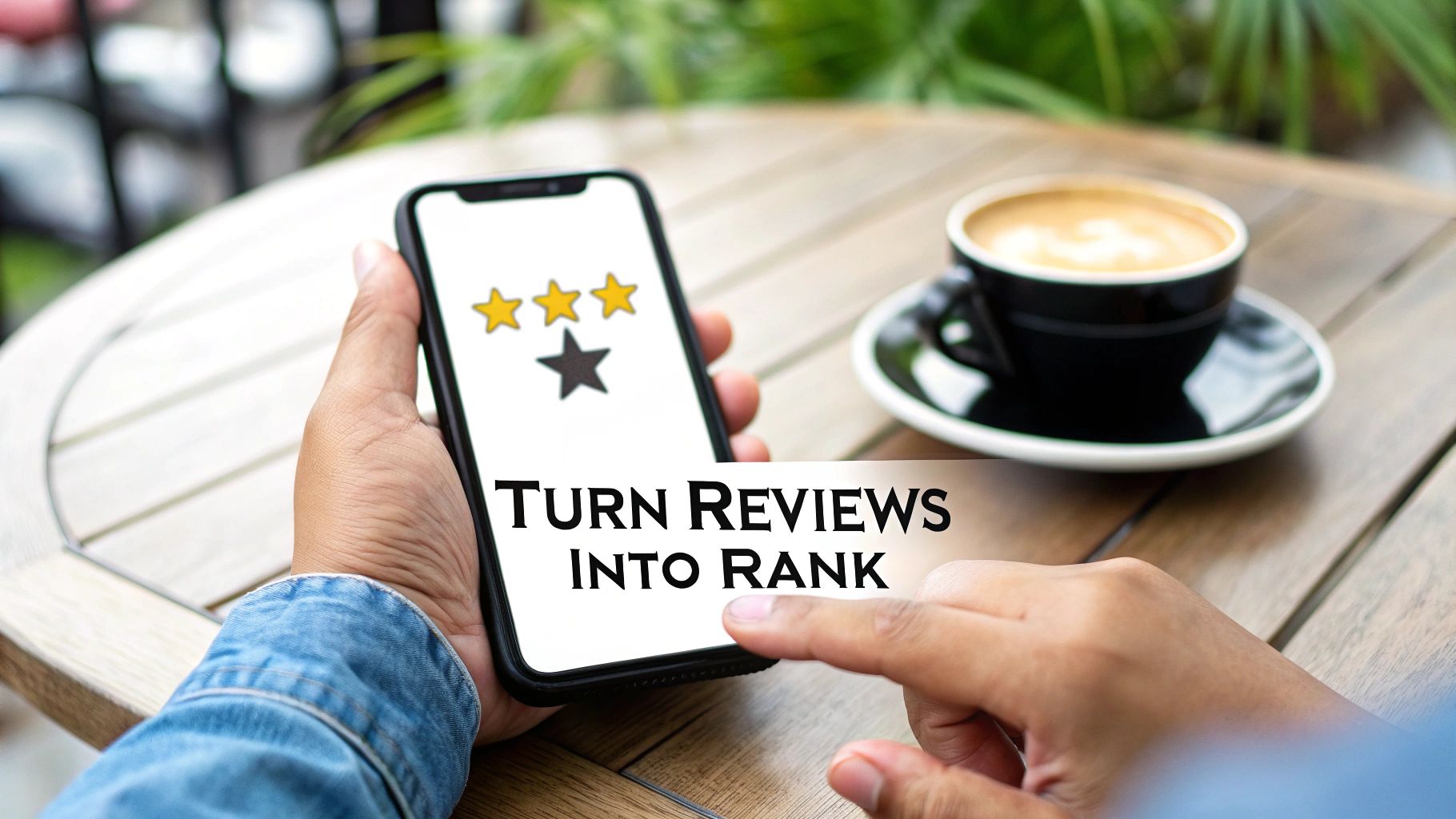 Person holding smartphone displaying 'Turn Reviews into Rank' with stars, next to a coffee cup.