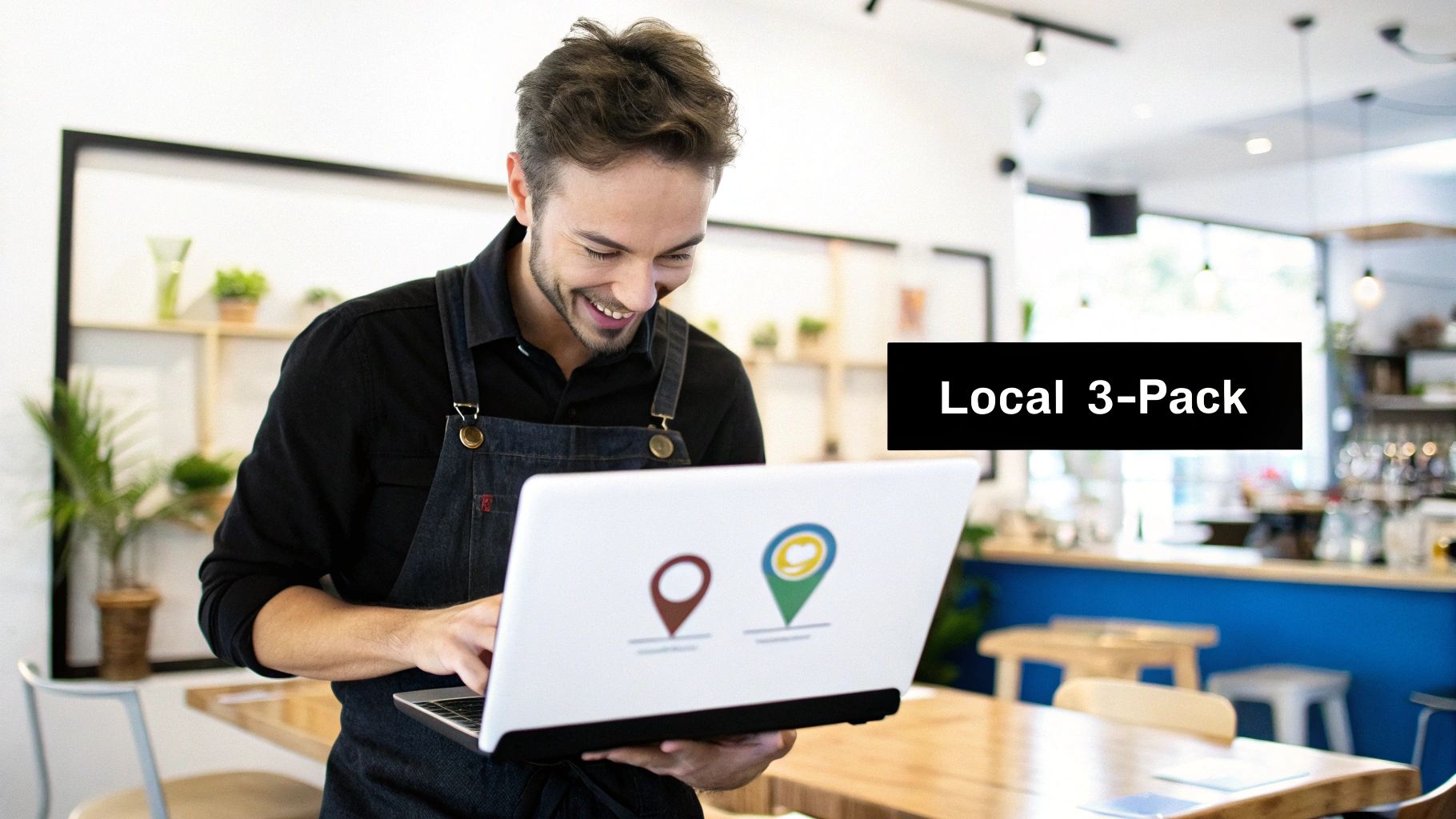 Small business owner using laptop to manage Google Maps local ranking services in modern cafe