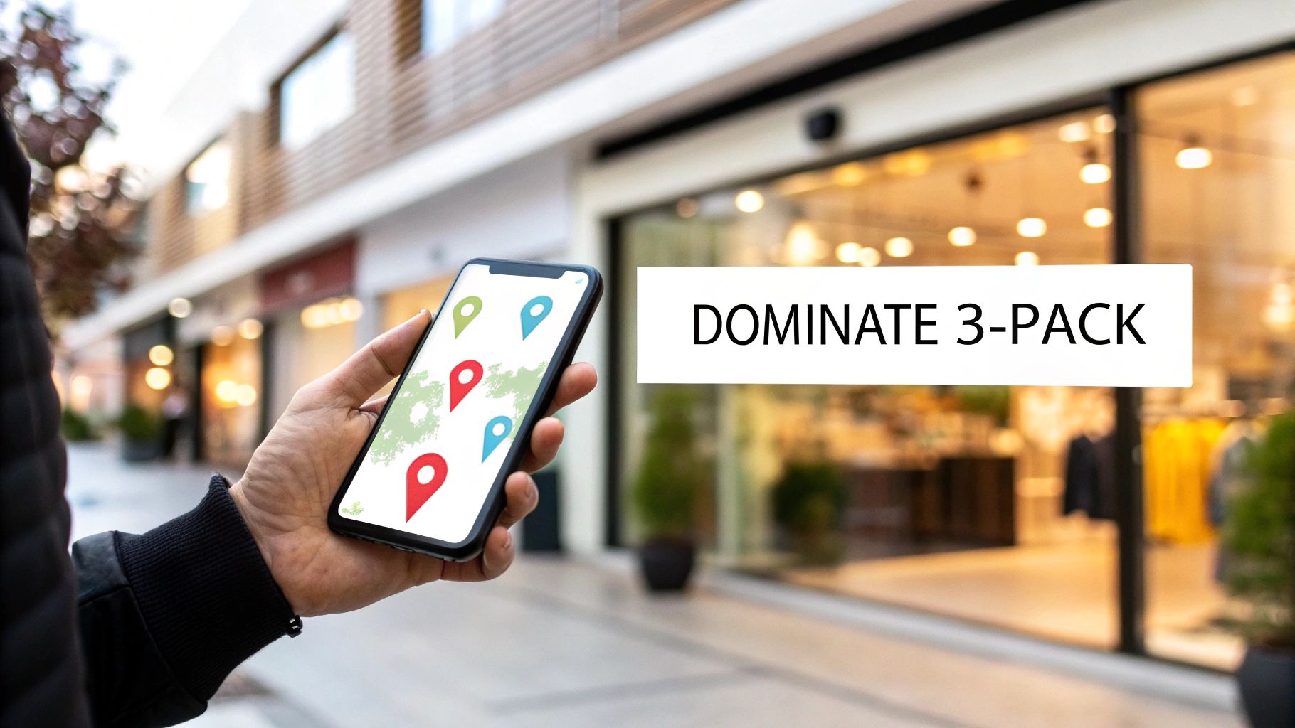 A person holds a smartphone showing a map with colorful location pins, with 'DOMINATE 3-PACK' text.