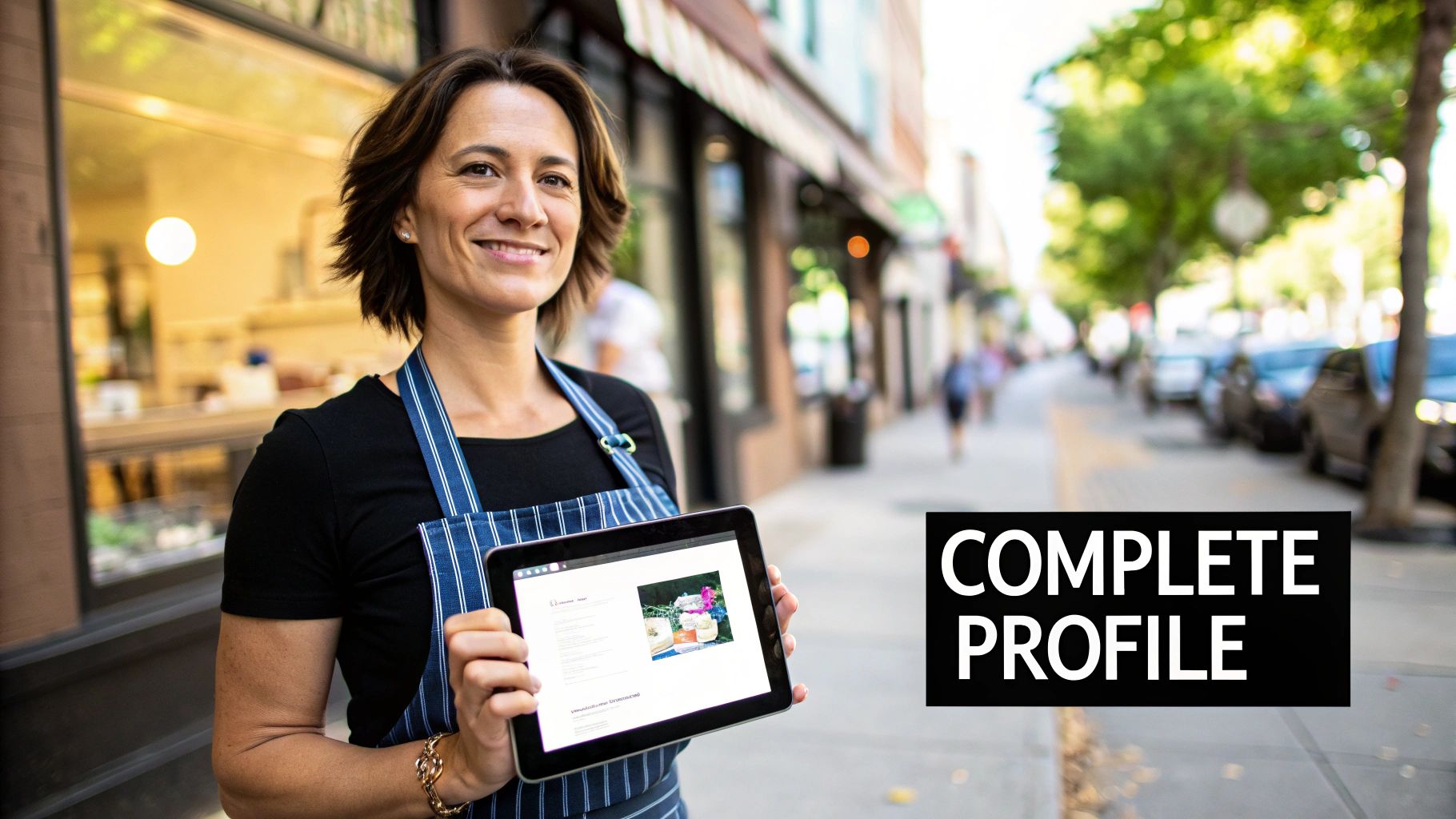 A smiling female business owner in an apron holds a tablet displaying her online profile.