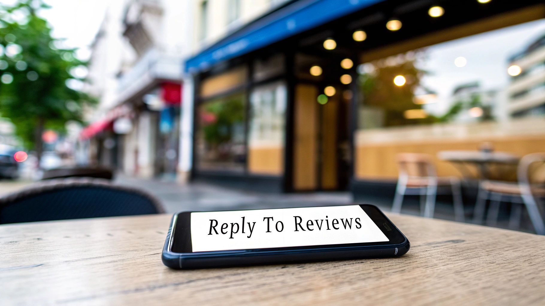 A smartphone on a wooden table displaying 'Reply To Reviews,' with a blurred street and cafe in the background.