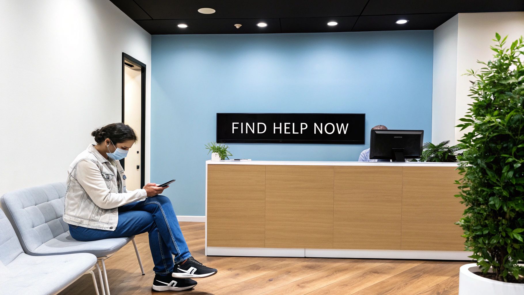 A person typing on a laptop, with search query ideas floating around them like 'anxiety help' and 'therapist near me'.