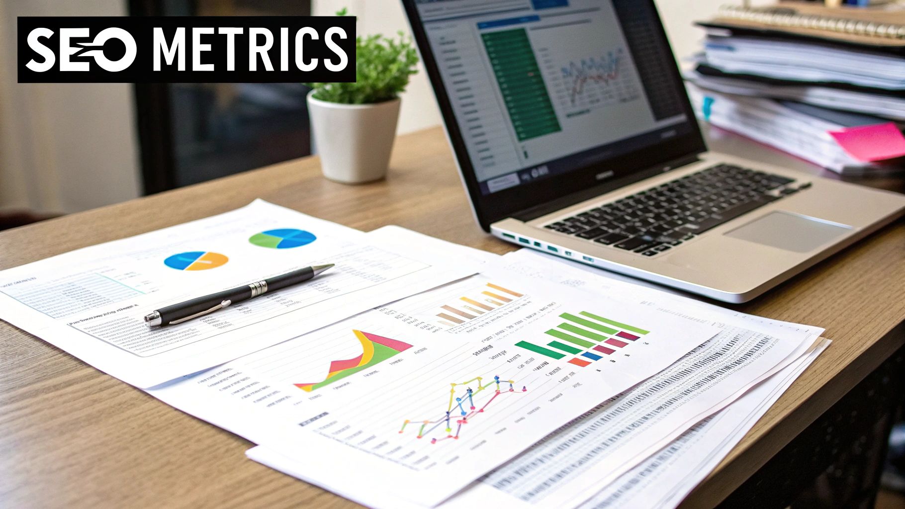A person pointing at a tablet displaying a dashboard with graphs and charts, representing SEO data analysis.
