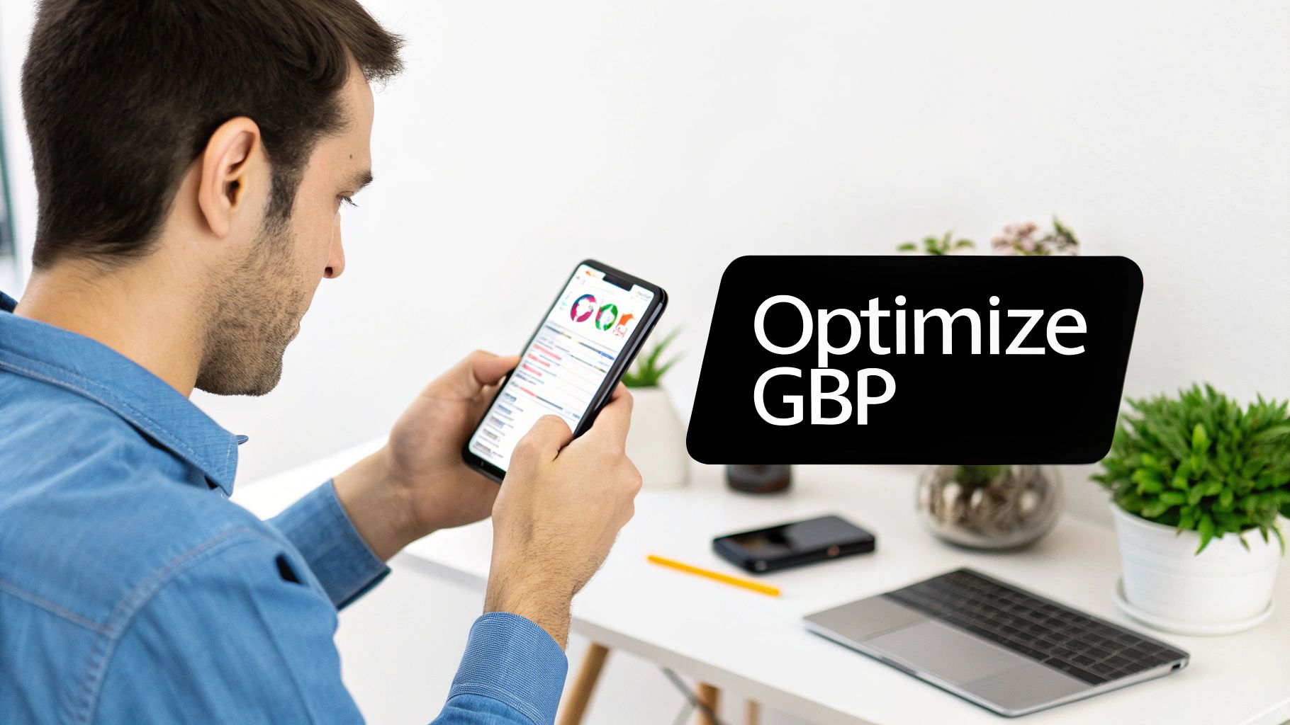 Professional man using tablet to optimize Google Business Profile for local search rankings