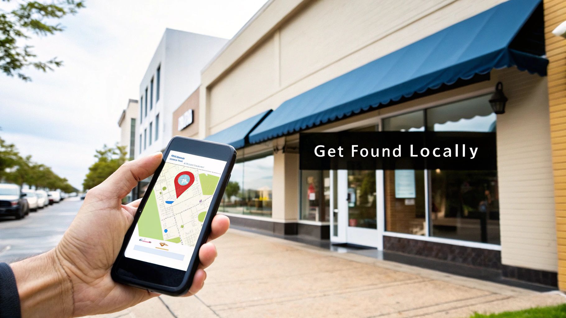 Smartphone displaying a local map with a red pin, in front of shops. Text: Get Found Locally.