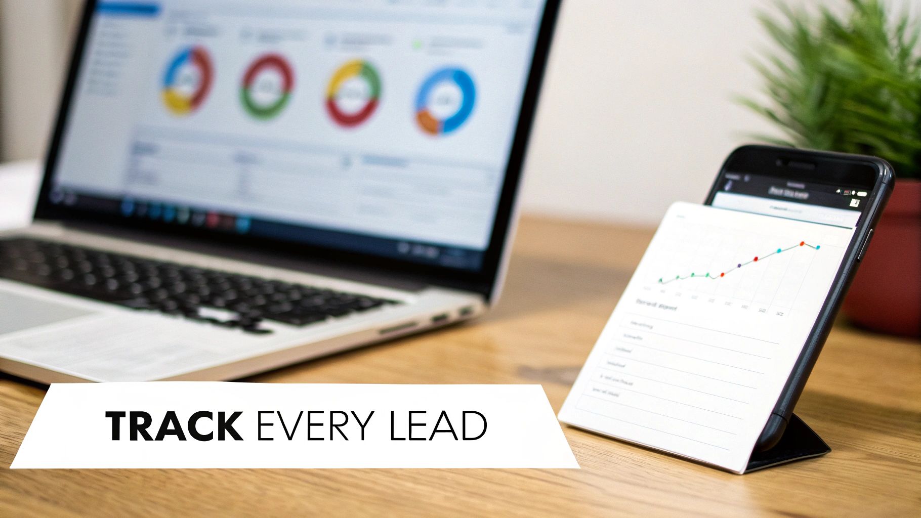 A laptop and smartphone display marketing data and analytics, with a 'TRACK EVERY LEAD' banner.