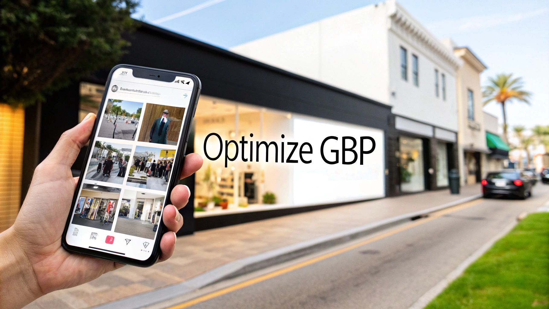 Person holding smartphone displaying Google Business Profile optimization interface on urban street with storefronts