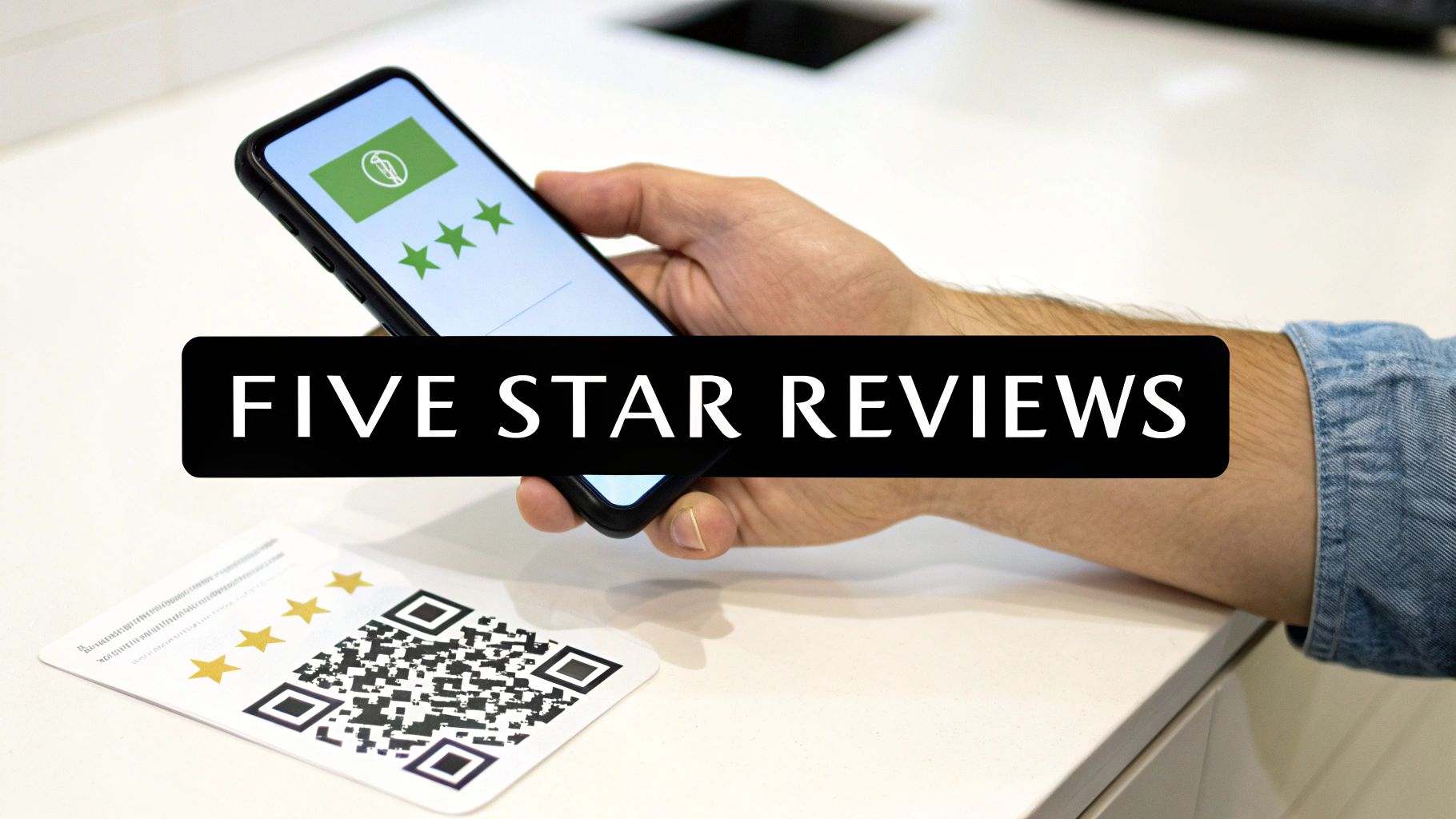 Person's hand holds a smartphone showing three stars next to a QR code review card.