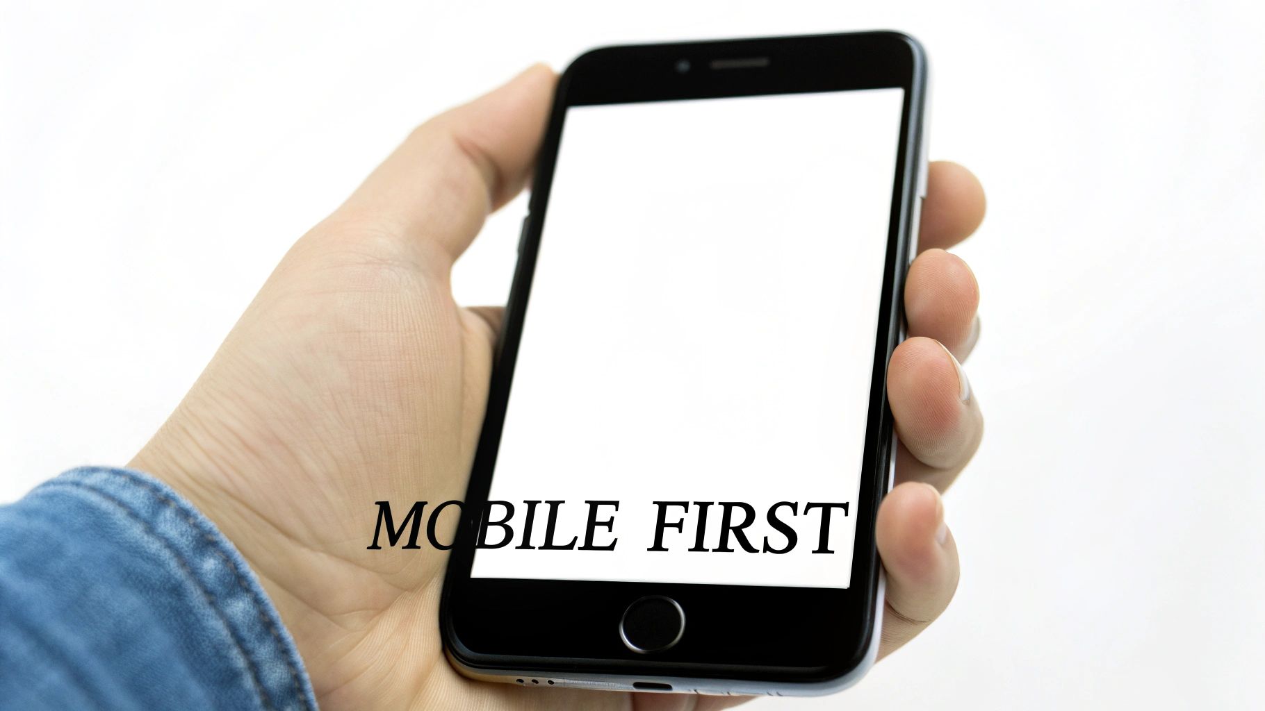 A hand holds a black smartphone displaying "MOBILE FIRST" on its white screen.