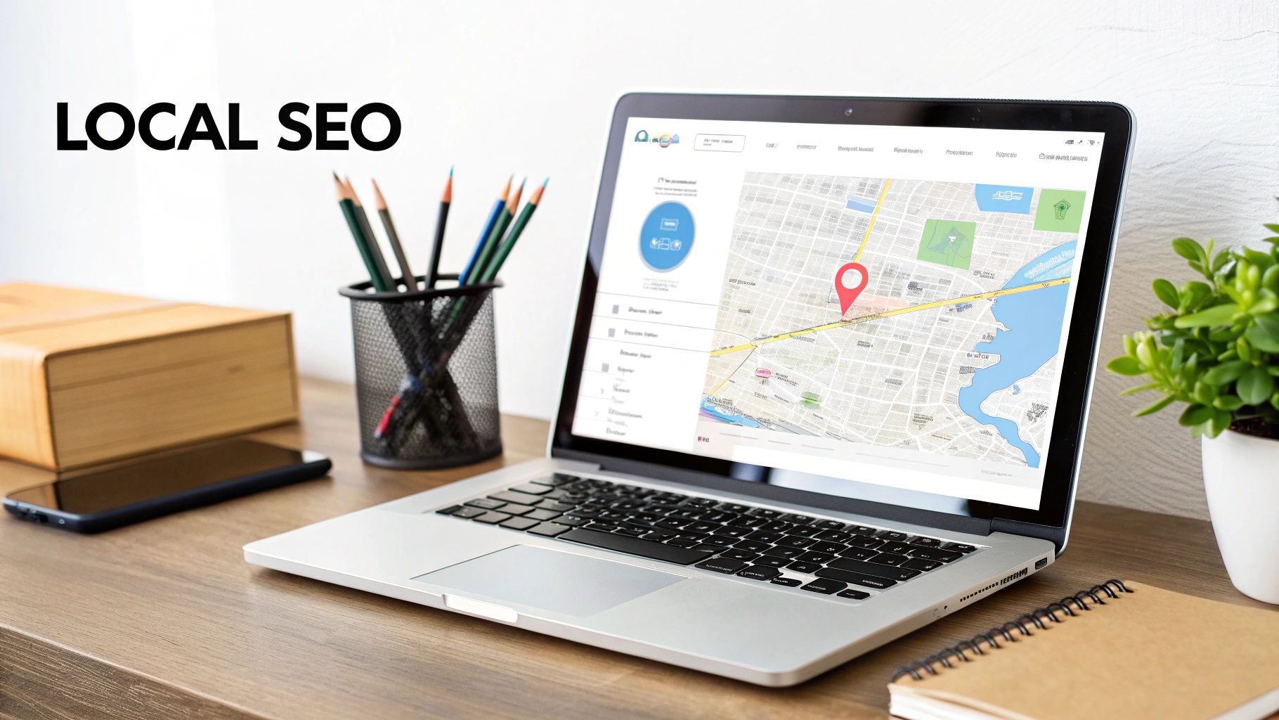 A laptop screen displays a map with a red location pin, next to the bold text 'LOCAL SEO', symbolizing local search optimization strategies.