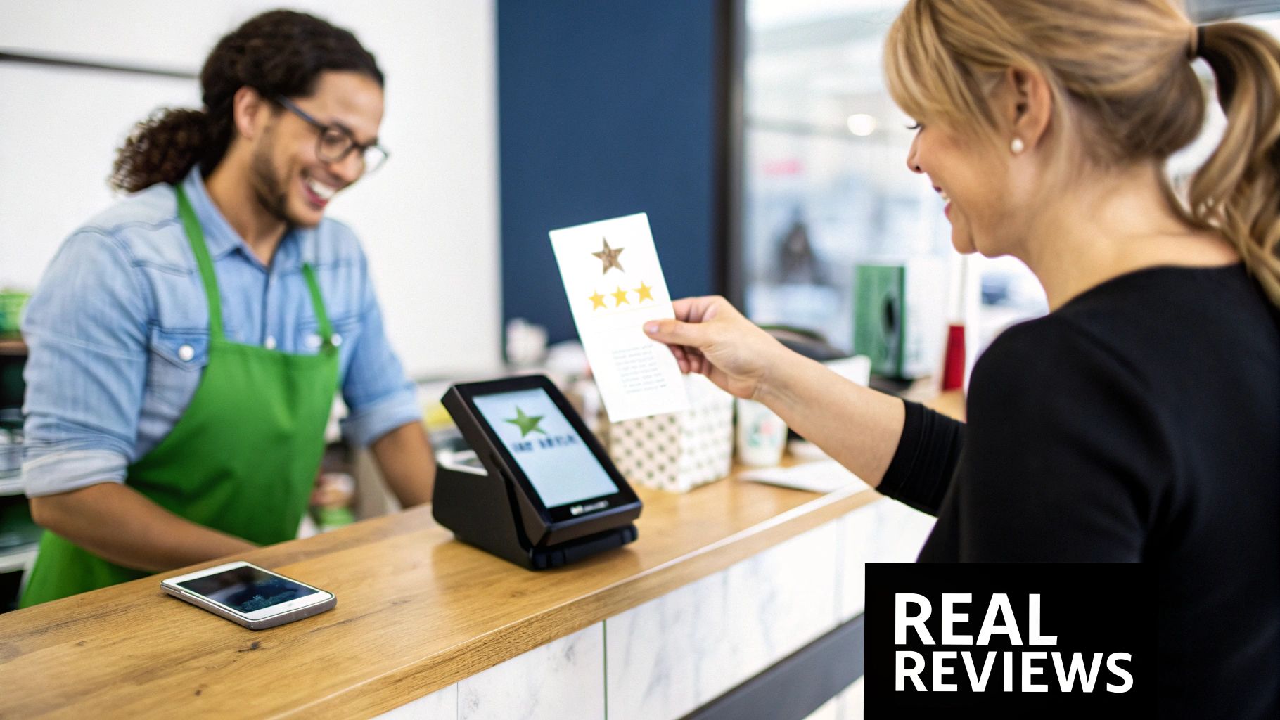 A happy customer provides a three-star review card to a smiling cashier at a modern counter.