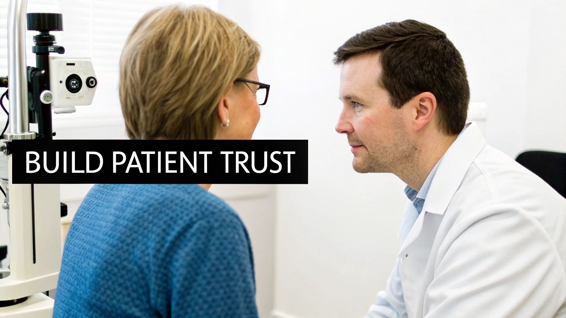 A compassionate ophthalmologist explaining a procedure to a trusting patient on a tablet.