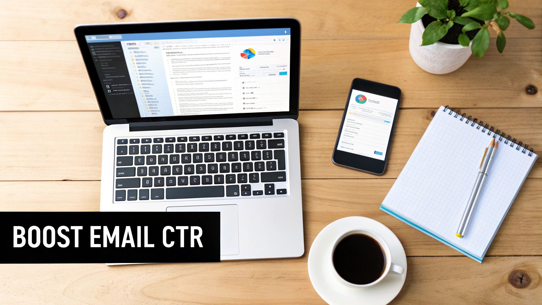Flat lay of a modern workspace with a laptop, smartphone, notepad, coffee, and plant, highlighting email analytics.