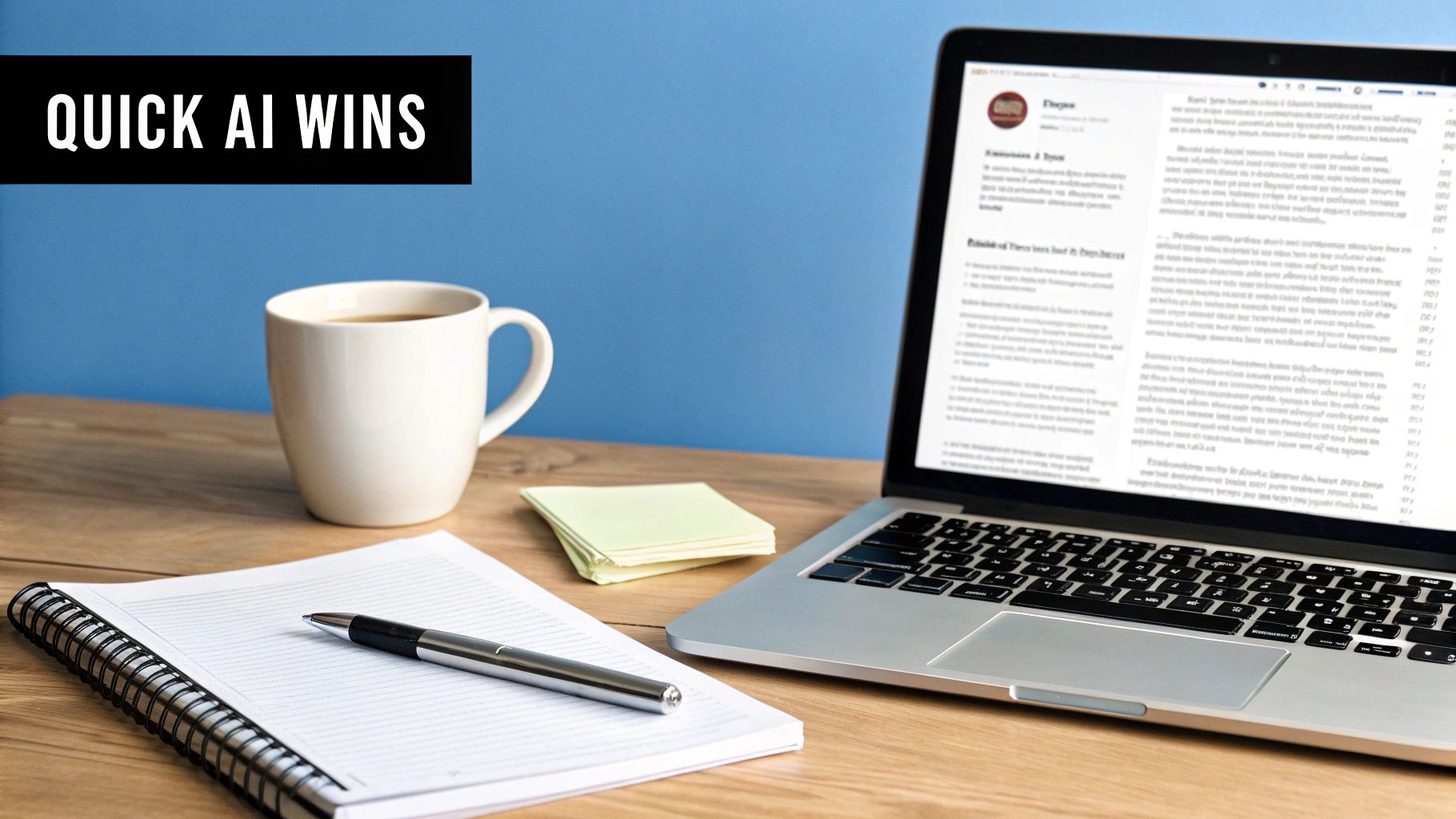 A modern desk setup with a laptop displaying content, coffee, notepad, and "QUICK AI WINS" text.