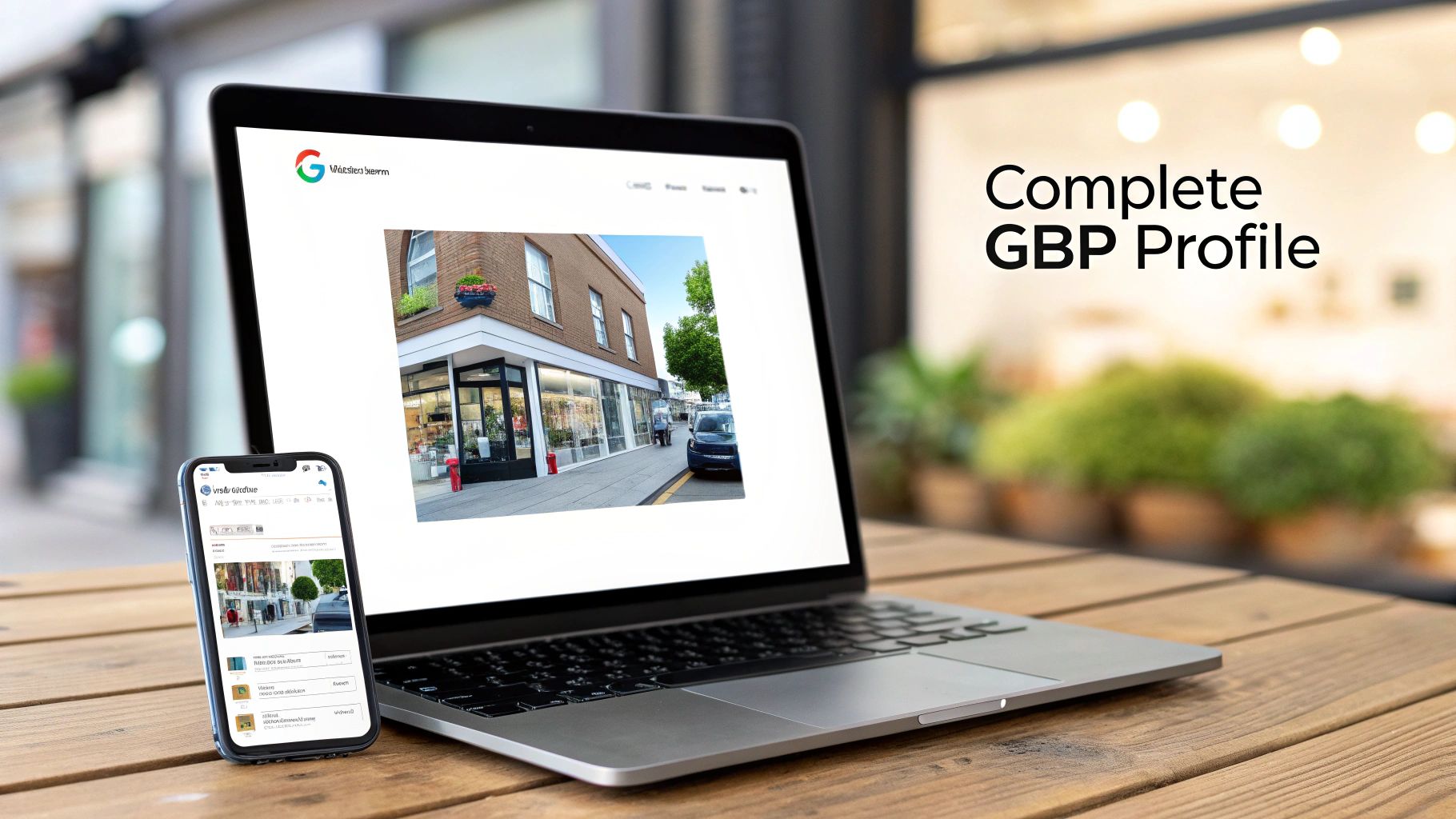 A laptop and smartphone on a wooden table displaying a street shop, with 'Complete GBP Profile' text.