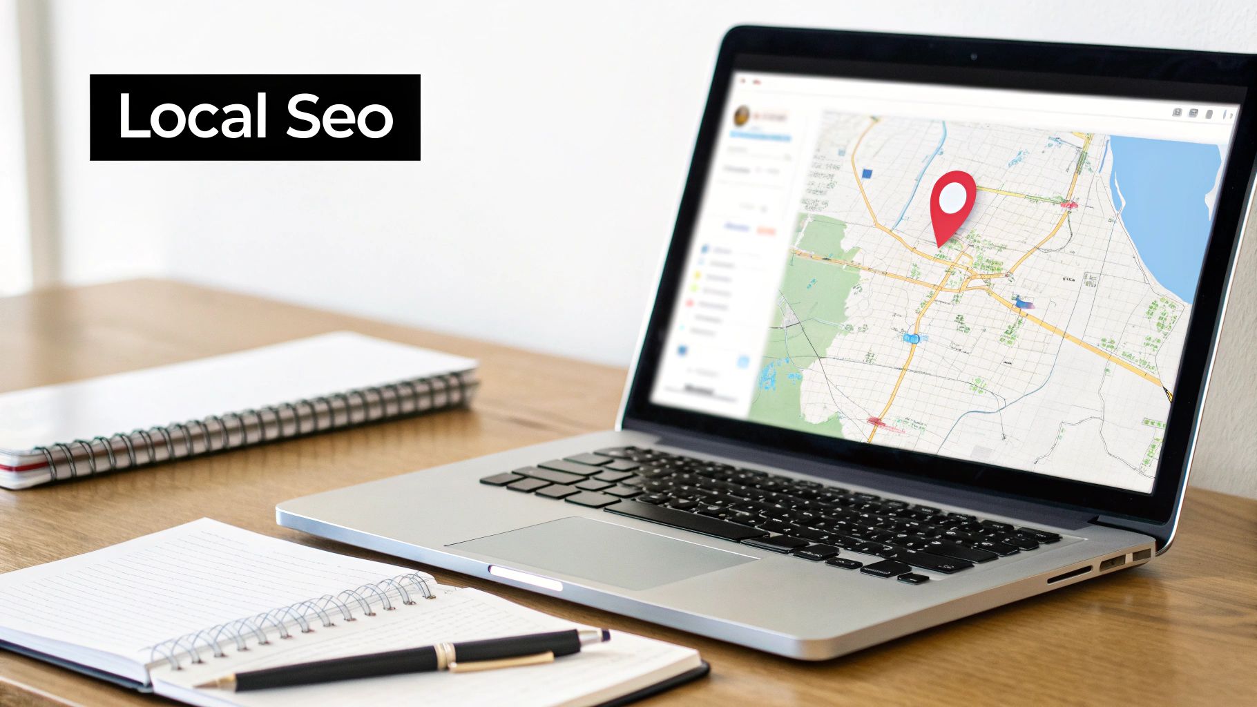 Laptop displaying a map with a location pin, an open notebook, and 'Local Seo' text.