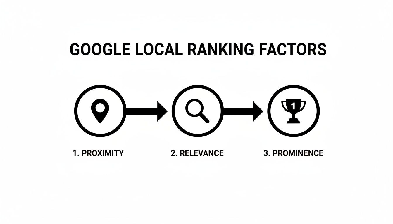 Diagram showing Google Local ranking factors: Proximity, Relevance, and Prominence, represented by icons.