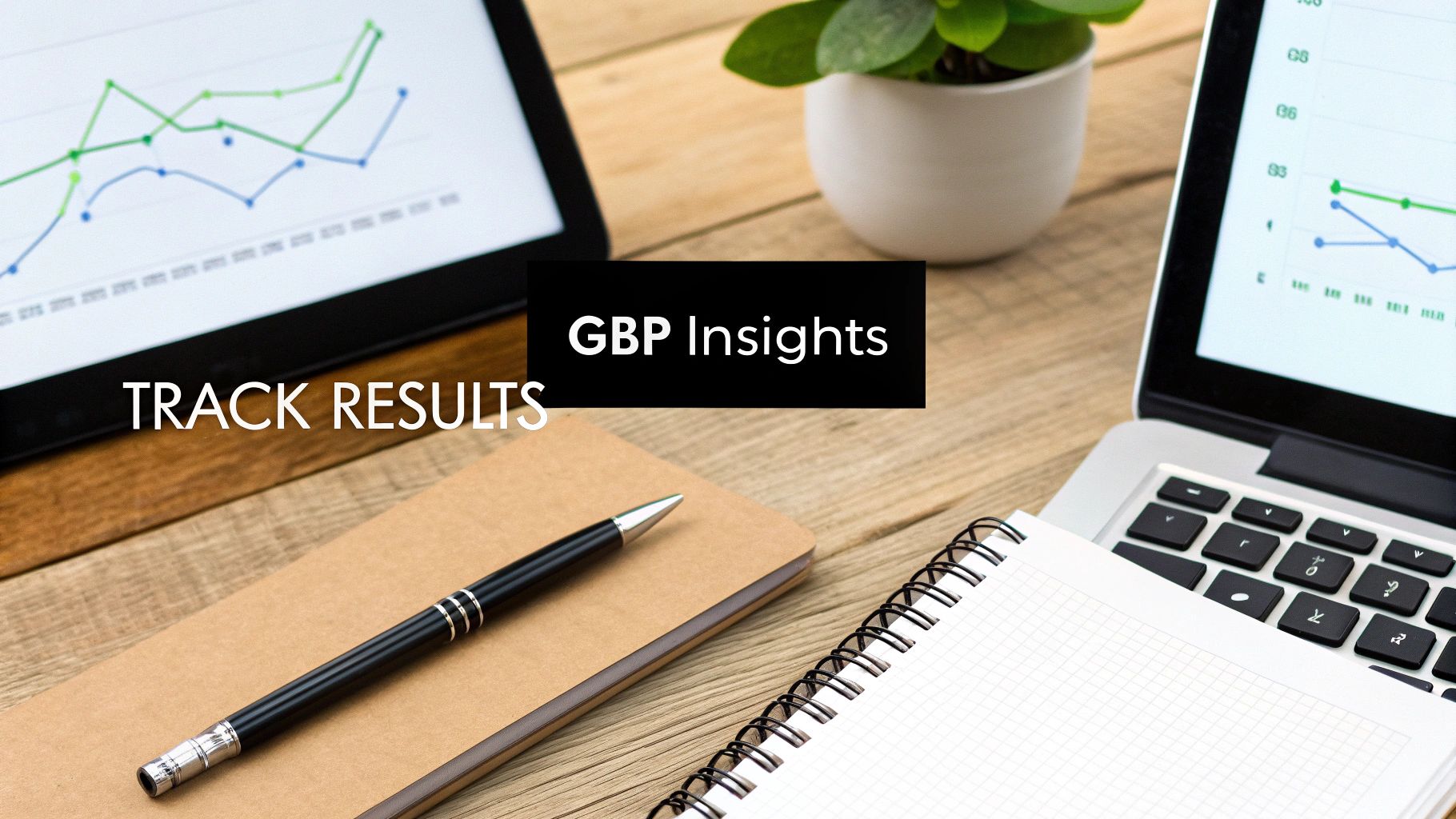 Overhead shot of a workspace with devices displaying analytics, and text overlays 'GBP Insights' and 'TRACK RESULTS'.