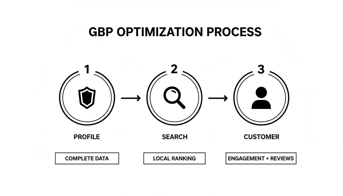 Diagram illustrating the Google Business Profile (GBP) optimization process: Profile, Search, and Customer steps.